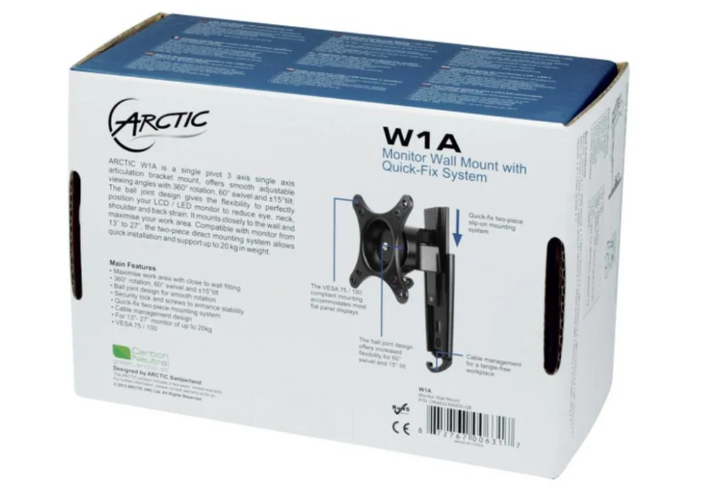 Arctic Cooling Supports mural W1A jusqu’à 20 kg – Noir