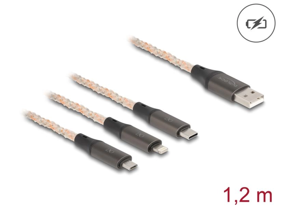 Delock Câble chargeur RGB USB USB A - Lightning/Micro-USB B/USB C 1.2 m