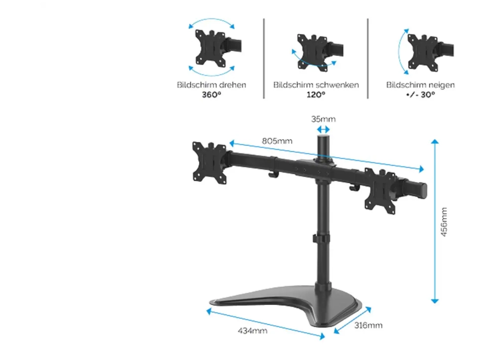 Fellowes Pied de table pour écran Seasa bras pour moniteur double jusqu'à 16 kg