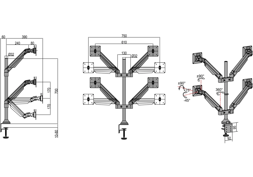 Multibrackets Supports de table Gas Lift Arm Quad jusqu'à 21 kg