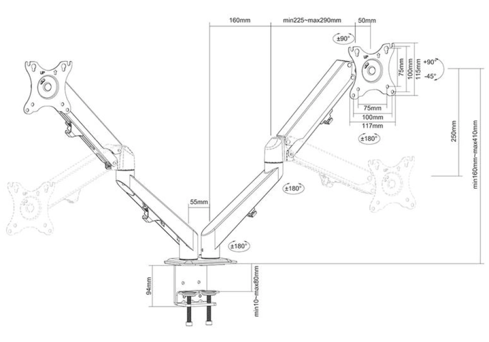 NEOMOUNTS Supports de table DS70-700BL2 jusqu'à 7 kg