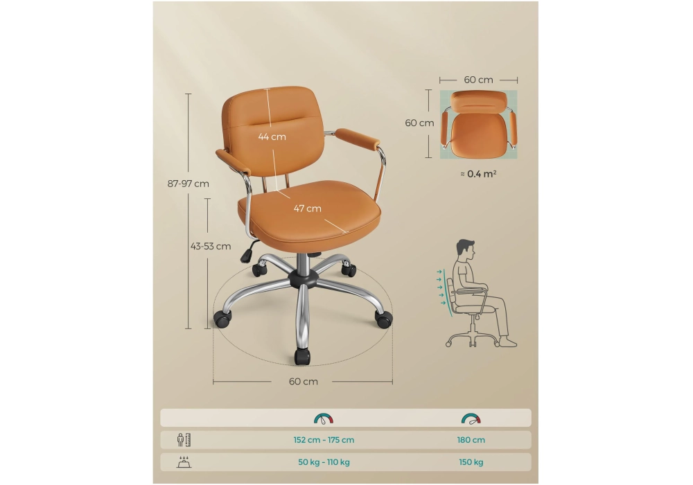 Songmics Chaise de bureau avec dossier rembourré et accoudoirs, Marron caramel